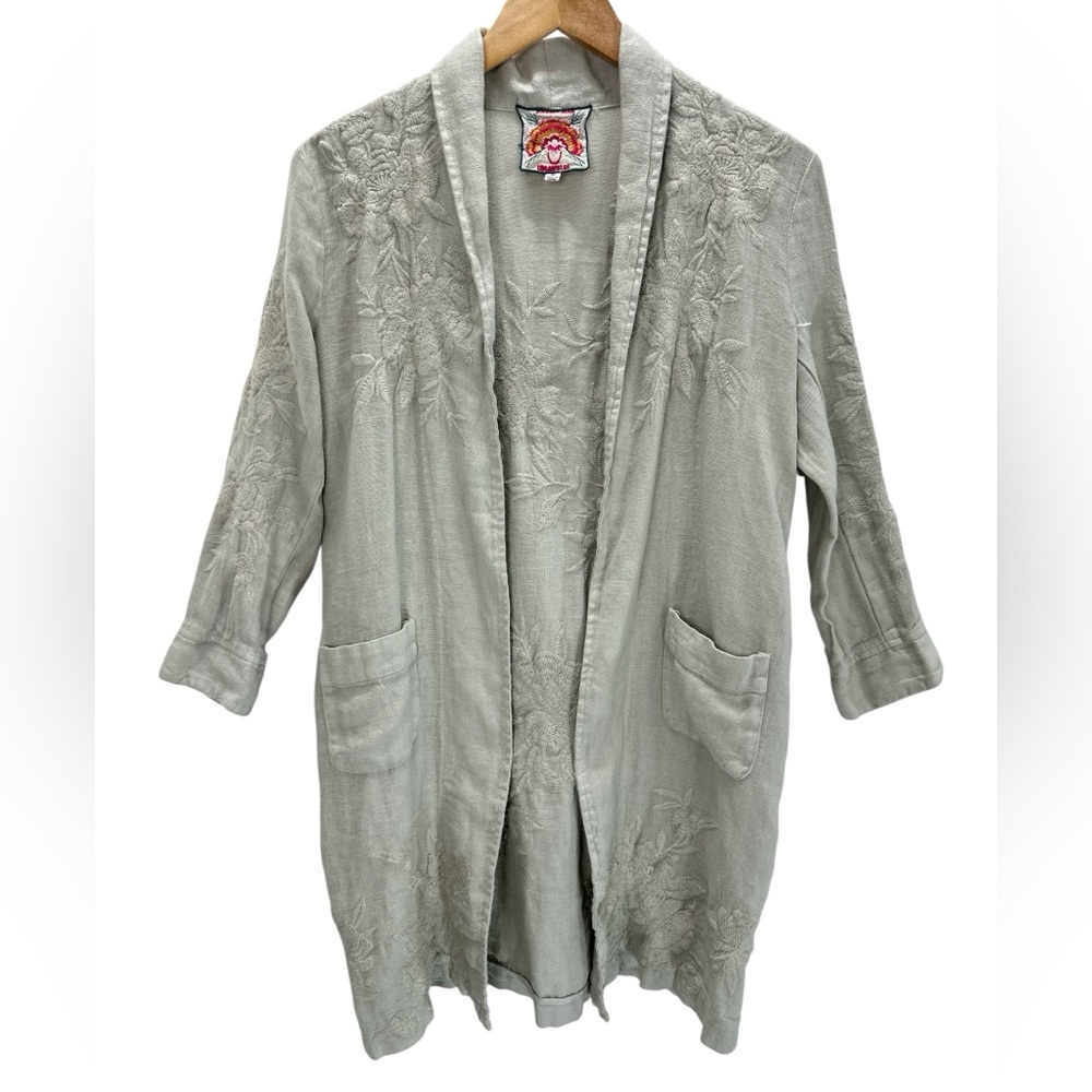 Johnny Was Sadie Heavy Linen Embroidered Coat Boho Western Coastal Neutral XS